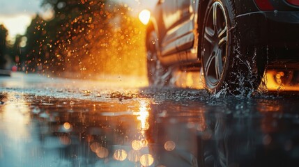 Car Splashing Through Rain