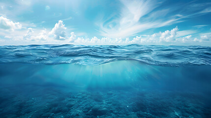 blue sea or ocean water surface and underwater with blue sky