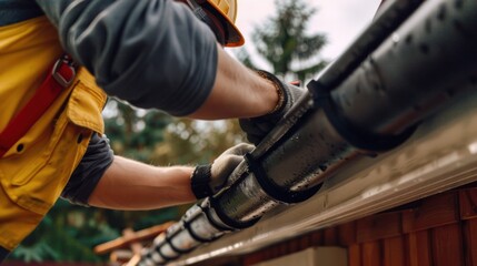 Construction Worker Installing Gutter