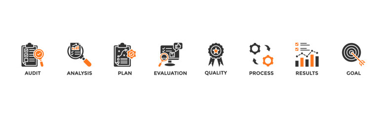 Assessment banner web icon vector illustration for accreditation and evaluation method on business and education with audit, analysis, plan, evaluation, quality,process,results and goal icon	