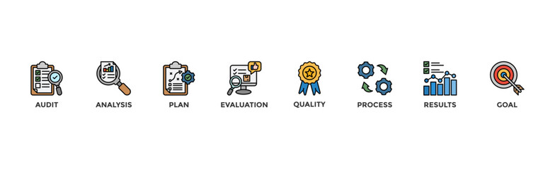 Assessment banner web icon vector illustration for accreditation and evaluation method on business and education with audit, analysis, plan, evaluation, quality,process,results and goal icon	