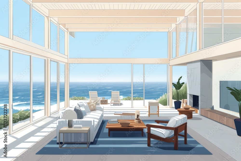 Poster a living room with a large window overlooking the ocean, modern beach house with large windows and o