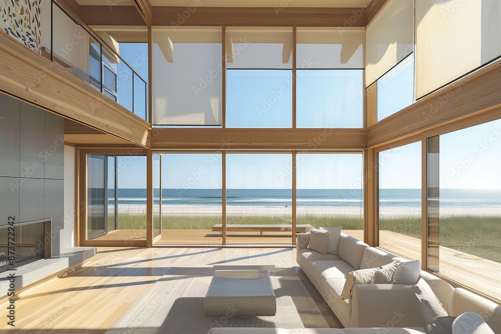 Poster a living room with a large window overlooking the ocean, modern beach house with large windows and o