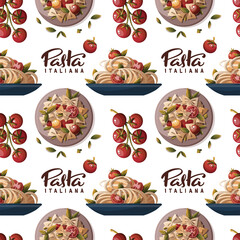 Seamless pattern with Italian pasta and tomato. Italian food, healthy eating, cooking, recipes, restaurant menu concept.