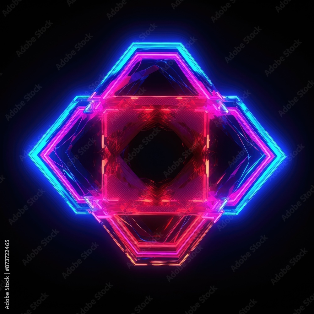 Poster abstract picture of mysterious geometric shape portal with digital style neon light reflecting set a