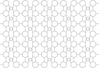 Mesh pattern on a white background made up of hexagons, circles and straight lines.