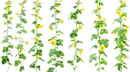 Yellow Flowers with Green Stems and Leaves on White Background