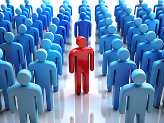 Vibrant lone figure emerges from monochromatic sea of people, symbolizing individuality and uniqueness in a world of conformity, standing out with confidence.