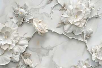 Elegant Floral Relief 3D Flower wall Art with Gold Accents on Marble Background. 3D floral marble background. 3D Flower wall tiles design in white background, 3D illustration