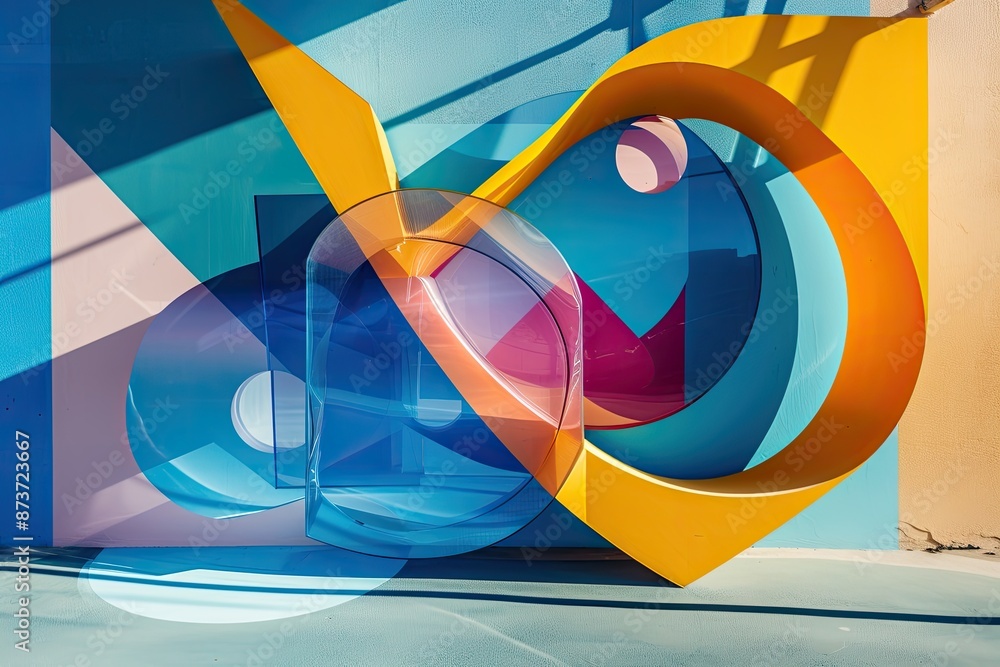 Poster a colorful object is in a window with a blue background, playful and abstract compositions with a se
