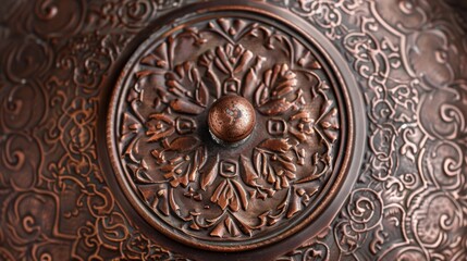 Obraz premium A closeup of a copper pots lid with intricate engravings and a small in the center.