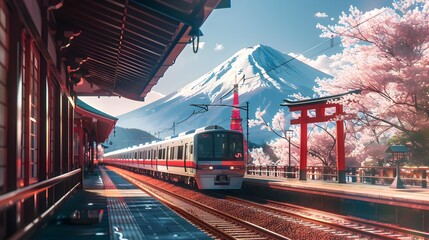 Majestic Fuji Mountain with High Speed Trains Cherry Blossoms and Iconic Tokyo Shrine