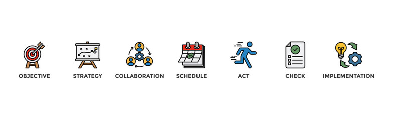 Action plan banner web icon vector illustration concept with icon of objective, strategy, collaboration, schedule, act, launch, check, and implementation	