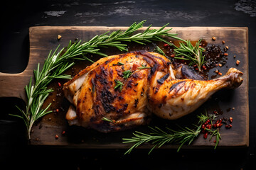 A close-up of a golden-brown roasted chicken half, glistening with flavorful juices. The crispy skin contrasts with the tender, succulent meat. Perfect for food blogs, recipes, or restaurant menus
