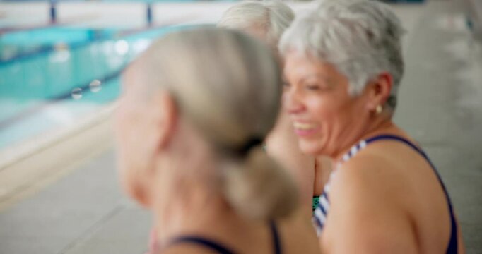 Pool, laughing senior people, talking and happy for learning in class of swimming and gym. Workout, healthy and fitness of old friends in retirement, cardio and listening to conversation and water