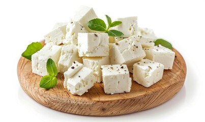 Rustic wooden plate decorated with crumbled feta cheese.