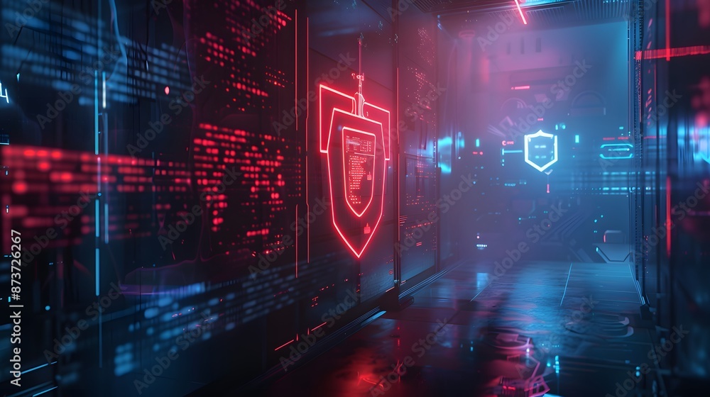 Poster firewall protection shield, firewall protecting a network from malicious software and cyber attacks.