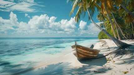Fototapeta premium Tropical Beach with Wooden Boat and Palm Trees.