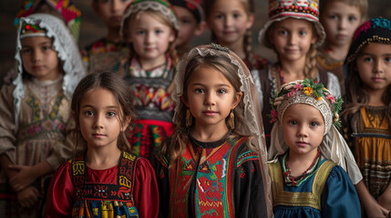 Fototapeta premium : A multicultural group of young people dancing while dressed traditionally from many cultures..