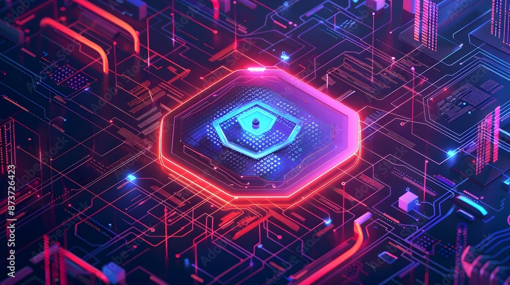 Poster firewall protection shield, firewall protecting a network from malicious software and cyber attacks.
