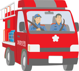 消防車に乗った消防団員たちのイラスト