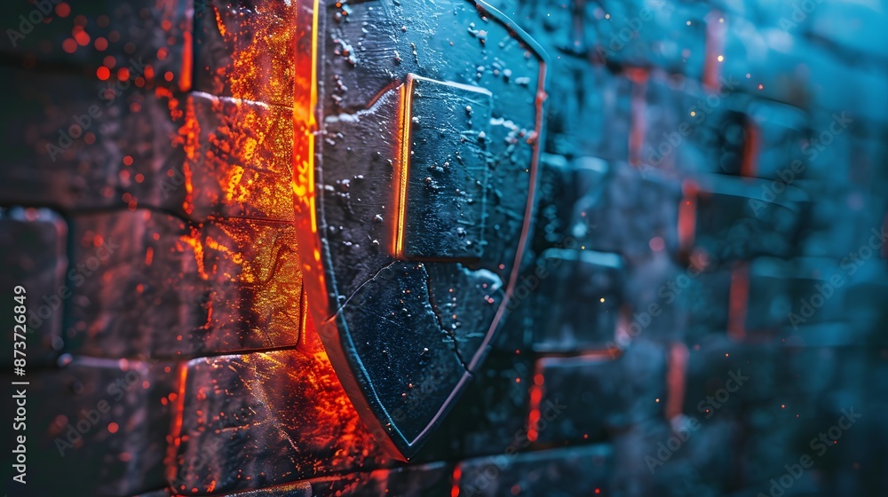 Poster firewall protection shield, firewall protecting a network from malicious software and cyber attacks.