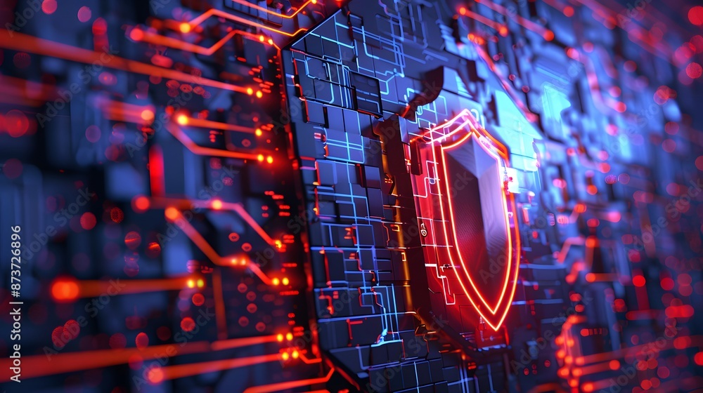 Poster firewall protection shield, firewall protecting a network from malicious software and cyber attacks.