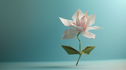 A beautiful flower made of colored paper with Origami technique, emphasizing the amazing transition from flat paper to a 3D object.