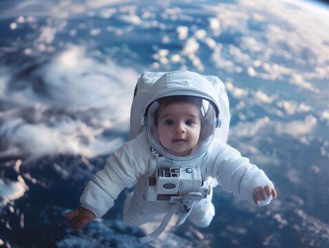Infant Astronaut Floating in Weightless Cosmos with Clear Skies