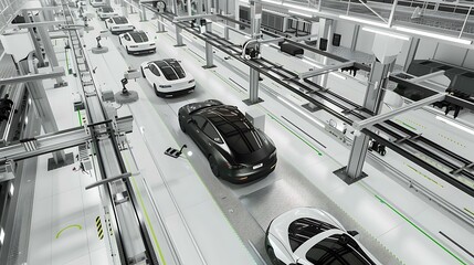 Modern Car Factory: Electric Vehicles on Assembly Line with Automation and Robots