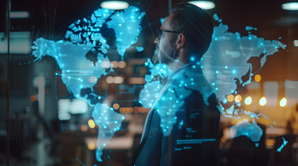 Obraz premium Attractive european businessman using abstract glowing map hologram on blurry office interior background. Digital world, transformation and future cyber space concept. Double exposure.