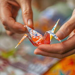 Detailed View: Hands Crafting an Intricate Origami Crane, Highlighting Precision and Skill in Traditional Paper Folding