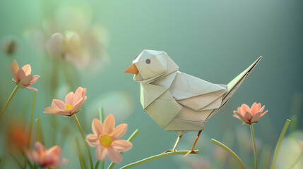 A bird sitting on a branch made of colored paper with Origami technique, emphasizing the amazing transition from flat paper to a 3D object.
