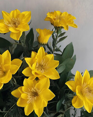 Fototapeta premium yellow blooms, cheerful sunflowers, delicate daisies, sunshine flowers, bright flowers, yellow flowers, flower arrangement, morning coffee, flowers-in-a-mug, floral mug, flower bouquet, yellow petals,