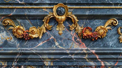 Fototapeta premium Baroque Classical Abstract Marble Framed Ceiling Art with Ornate Border. Luxury Lavish Decor Victorian Elements with Seamless Pattern Background Texture