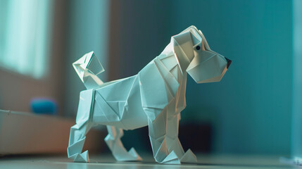 Artistic Representation: Origami Dog Depicting the Enchanting Evolution from Flat Paper to Three-Dimensional Creation.