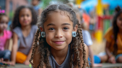Fototapeta premium A young child using hearing aids playing in a schoolyard with pals from various ethnic origins..