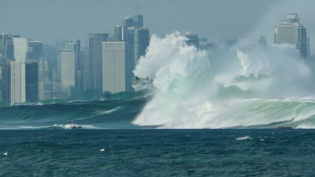 massive tsunami wave approaching the city,City Facing Large Ocean Wave