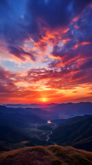 Epic Sunrise/Sunset Scene Displaying Radiant Sky Colors Over Low-Lying Hills.