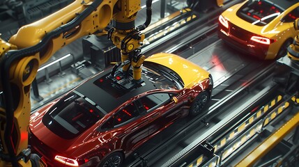 Fototapeta premium Car Factory Robot Installs Roof on Electric Vehicle: Automation in Automotive Manufacturing