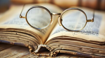 An open book with reading glasses on top. To capture moments of quiet study and reflection. The image emphasizes the textured face and reflective lenses.