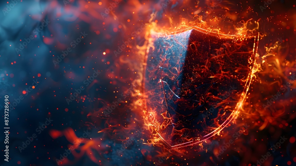 Poster firewall protection shield, firewall protecting a network from malicious software and cyber attacks.