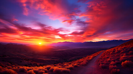 Epic Sunrise/Sunset Scene Displaying Radiant Sky Colors Over Low-Lying Hills.