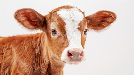 Here is the description:..A close-up portrait of a young calf looking at the camera with a curious expression in its eyes.