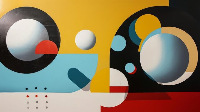Modern abstract geometric art with colorful circles and shapes, creating a visually engaging and dynamic composition.