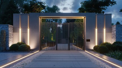 A minimalist main gate with a smooth concrete surface and integrated LED strips for illumination...