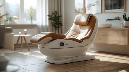 Modern massaging reclining chair in a sunny living room with wooden floors, surrounded by cozy furniture and potted plants.