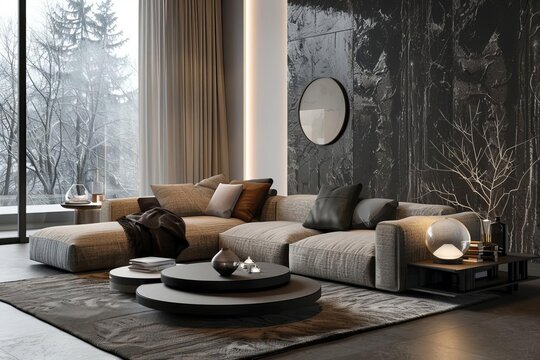 Modern living room with stylish furniture, large windows, dark marble wall, and contemporary decor.