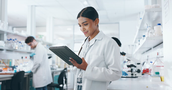 Laboratory, woman and science with tablet for research, medical diagnosis and results with tech. Female biologist, connection and online info for reading, analysis and digital for problem solving