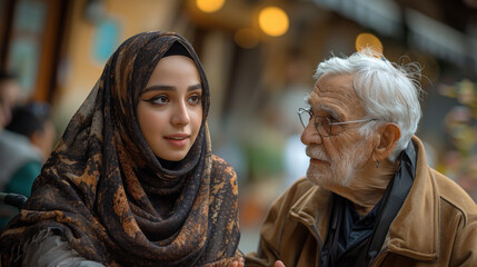  At a community center, an old guy in a wheelchair and a young woman wearing a headscarf are having a talk.